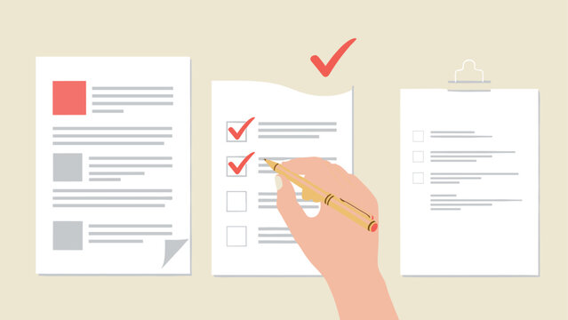 Hand checking boxes on documents with red check marks for task completion concept
