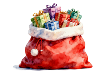 Watercolor Santa Sack Filled with Colorful Gifts