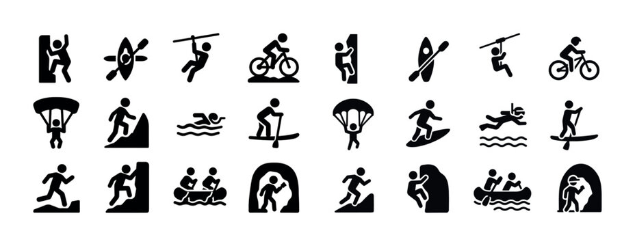 Silhouette icons of various adventure sports activities