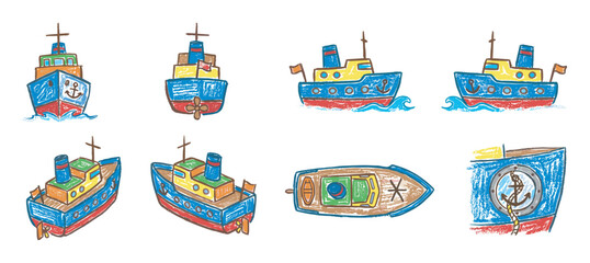 Obraz premium Collection of colorful hand-drawn boat illustrations in a childlike crayon style, showing various ships from different perspectives including front, side, and top-down views