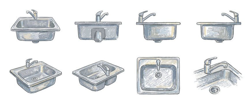 Set of eight stainless steel kitchen sinks with faucets, illustrated in a colorful hand-drawn sketch style from multiple perspectives like front, side, and top-down views