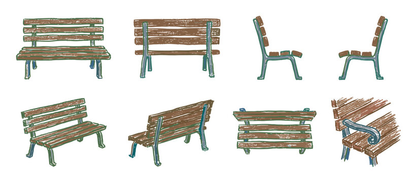 Set of hand-drawn wooden park bench illustrations with a metal frame, showcasing multiple perspectives including front, back, side, top, and detailed isometric views