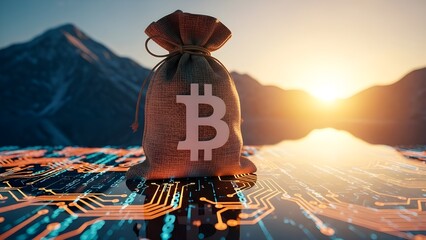 Bitcoin Money Bag on Digital Circuit Board | Cryptocurrency Wealth and Global Finance Concept