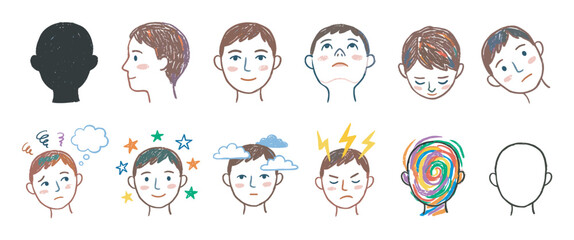 Hand-drawn illustration set of human heads expressing a range of emotions and mental health states like happiness, sadness, anger, confusion, and anxiety in a simple crayon style