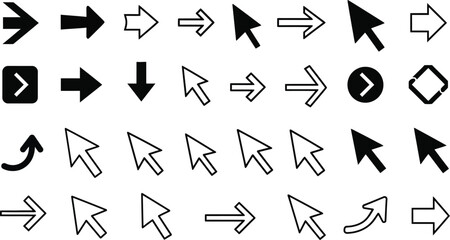 Various bold brush drawn curved arrows. Collection doodle marker thick arrows in different directions. Hand drawn vector direction pointers.