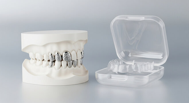 Dental model showcasing advanced crowns and a clear retainer case with aligners for oral care.