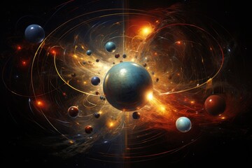 Planets orbiting a central sphere with glowing cosmic energy and light paths in deep space