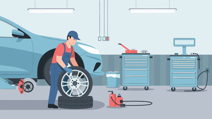 Mechanic balancing car wheel in garage with tools and equipment