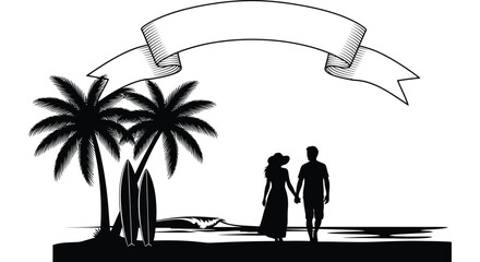 a romantic beach scene featuring a couple walking hand in hand beneath a ribbon banner silhouette