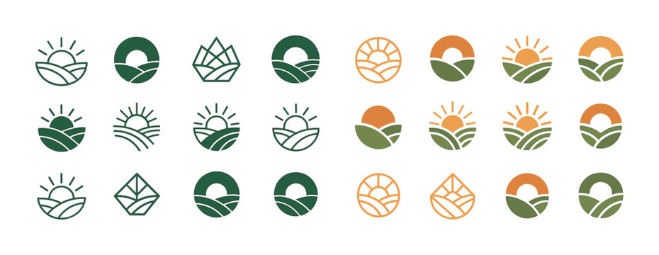 Collection of nature-themed geometric icons with sun and landscape elements