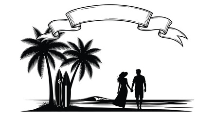 a romantic couple walking on a beach with palm trees and a ribbon banner silhouette