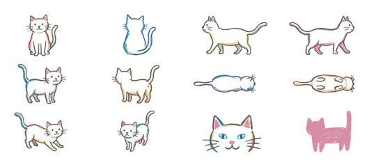 Obraz premium Charming collection of hand-drawn cat illustrations in various playful poses like sitting, walking, and sleeping, rendered in a whimsical, sketchy style with a soft pastel color palette
