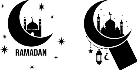 Ramadan Kareem Silhouette Vector - Mosque inside Crescent Moon with Stars and Lanterns