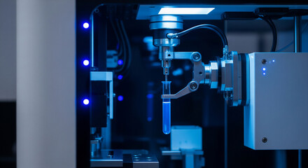 Advanced laboratory equipment precisely analyzing a glowing blue liquid sample in a test tube.