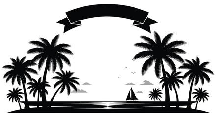Tropical paradise with palm trees a ribbon banner and a sunset over the ocean a beautiful silhouette