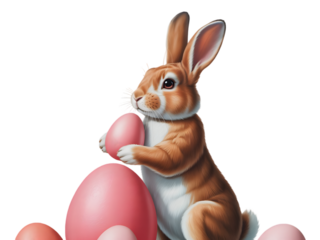 Easter sunday bunny holding pink eggs isolated on transparent background