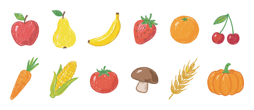 Colorful hand-drawn set of fruit and vegetable illustrations with a crayon texture, including apple, pear, corn, and pumpkin for healthy eating concepts