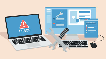 Technical support desk with laptop and tools for error resolution concept