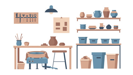 Cozy pottery studio with tools and clay on shelves in minimalist style