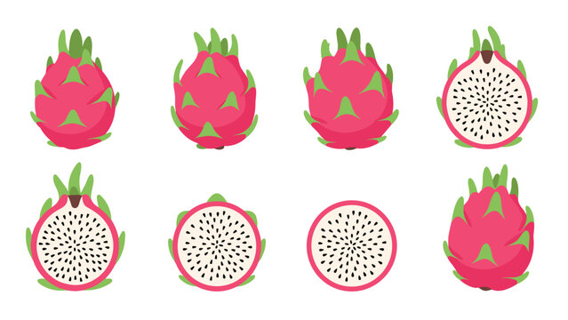 Bright dragon fruit collection: whole and sliced pitaya on white background