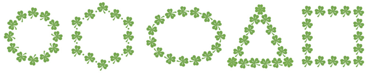 Set of green shamrock clover leaf frames in geometric shapes