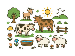 Pasture Animal Doodles. Pasture animals. Colorful Hand-drawn doodle Children illustration Pasture animals sheep, cows, goat icons, grassy hills, wildflowers,