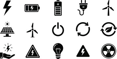 Electricity and energy set icon. Lightning bolt, battery, plug, solar panel, wind turbine, power, renewable energy, electrical safety. Vector stock illustration