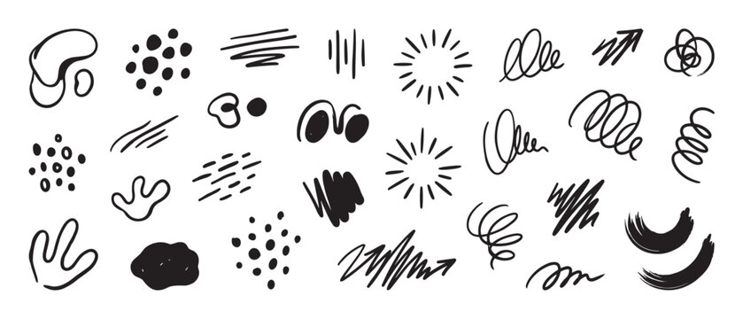 Large collection of hand drawn black doodles and abstract shapes featuring various scribbles, lines, dots, swirls, arrows, and brush strokes in a minimalist graphic style - Powered by Adobe