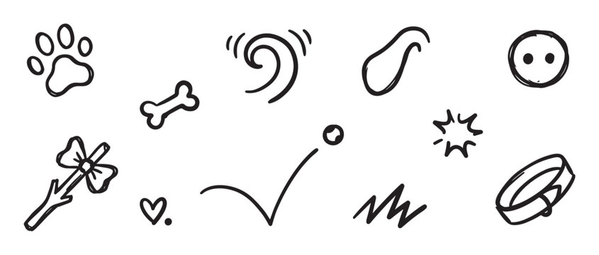 Hand drawn black and white doodle icons featuring various pet and dog themed elements like a paw print, bone, collar, and wagging tail in a simple, minimalist sketch style illustration set