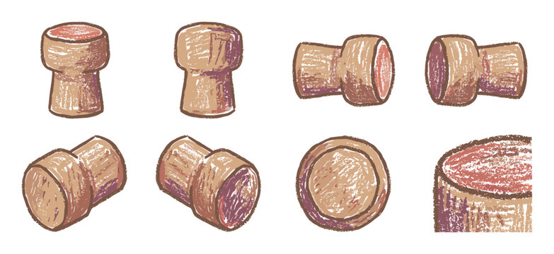 Collection of hand-drawn champagne corks in a crayon sketch style, showing various angles and perspectives for a celebration or winery concept