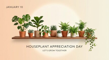 a cleanly designed desktop wallpaper template for houseplant appreciation day features a shelf of various plants against a softly glowing gradient background