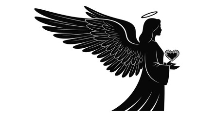 A striking black silhouette of an angel holding a heart complete with detailed wings and a halo silhouette