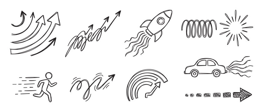 Collection of hand-drawn doodle icons representing growth, speed, and progress, including a launching rocket, running person, upward arrows, and a car in a simple sketch style