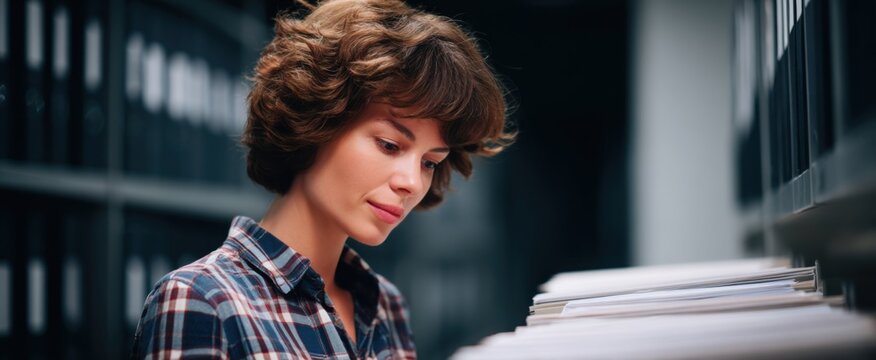 the office assistant meticulously organizes important files with a sense of calm purpose