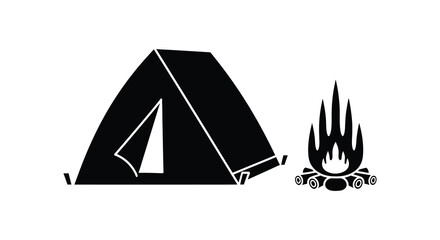 A simple black and white illustration showcasing a tent and campfire presenting a scenic outdoor experience silhouette