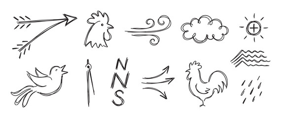 Obraz premium Hand drawn weather and nature icons set featuring a rooster, bird, sun, cloud, wind, and arrows in a simple black line art doodle sketch style for meteorological concepts