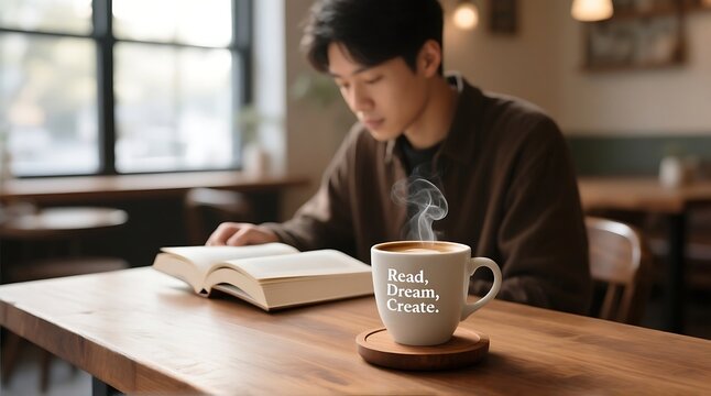 A young man sits at a wooden table in a cozy cafe, reading a book next to a steaming cup of coffee with an inspirational quote. - Powered by Adobe