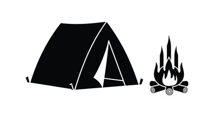 A simple black and white illustration depicting a tent and campfire creating a peaceful outdoor scene silhouette