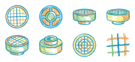 Set of colorful hand-drawn abstract shapes created with a crayon texture, featuring various geometric forms like circles, grids, cylinders, and a hashtag symbol in a playful, childlike style