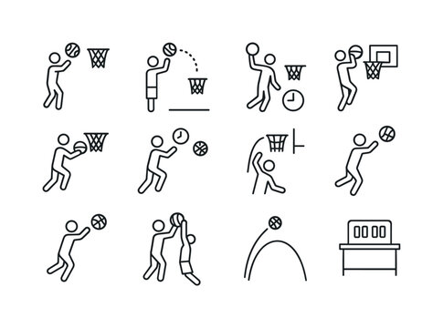 Basketball Scoring Icons. Basketball scoring concepts. Line icon set of Basketball scoring concepts: two-point shot, three-point shot, free throw, dunk score,