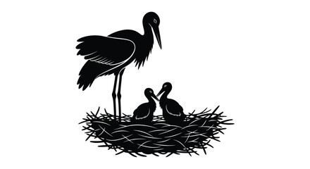 a striking depiction of a stork family in a nest showcasing a beautiful black silhouette