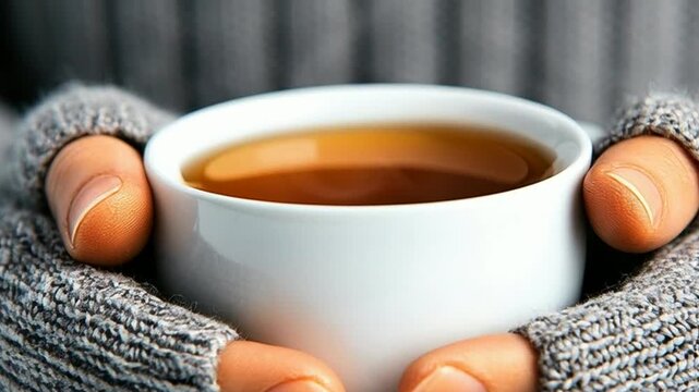 Cozy hands holding warm cup of tea in winter