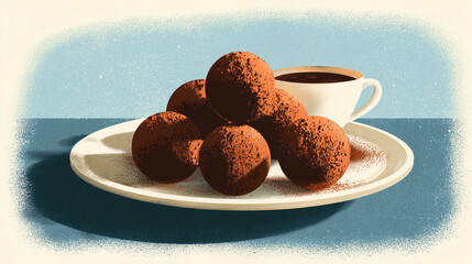 Stylized illustration of chocolate truffles on plate, rich cocoa tones, cozy flat illustration, soft grain texture