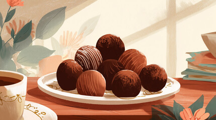 Stylized illustration of chocolate truffles on plate, rich cocoa tones, cozy flat illustration, soft grain texture