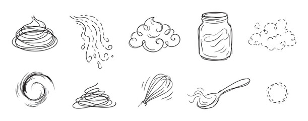 Set of hand drawn cooking doodles featuring whipped cream, a jar, a whisk, and a spoon in a minimalist black and white line art illustration style for culinary concepts