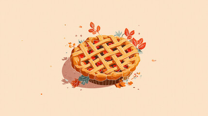 Illustrated winter pie with lattice crust, warm baked tones, minimal background, cozy flat illustration