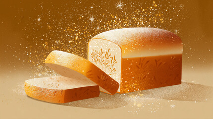Stylized illustration of holiday bread loaf with powdered sugar, warm golden tones, smooth shapes, subtle texture