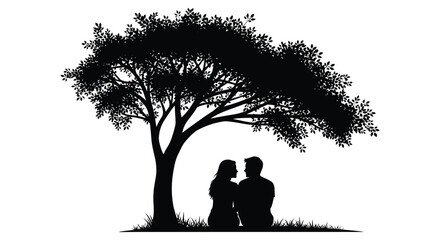 a romantic scene featuring a couple sitting beneath a large tree with a bright moon silhouette