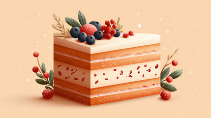 Stylized illustration of holiday cake with cream layers and berries, warm festive colors, smooth gradients, flat textured style