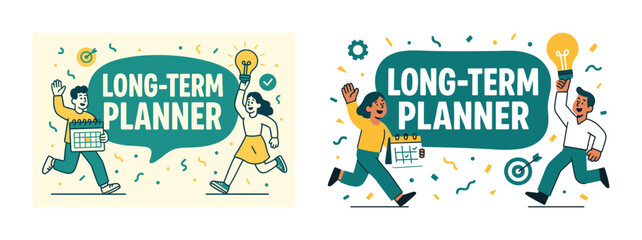 Fototapeta premium Illustration of diverse adults with calendar and ideas for long-term planning